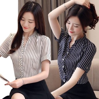 Áo Sơ Mi Nữ Ngắn Tay Cổ Trụ Phối Sọc Tay Đính Cúc ELVIN FASHION Chất Vải Kate Đẹp Thời Trang Nữ Cao Cấp