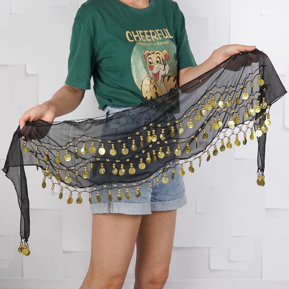 Khăn Choàng Hông Múa Bụng Đính Đồng Xu Vàng Lấp Lánh 3 Lớp