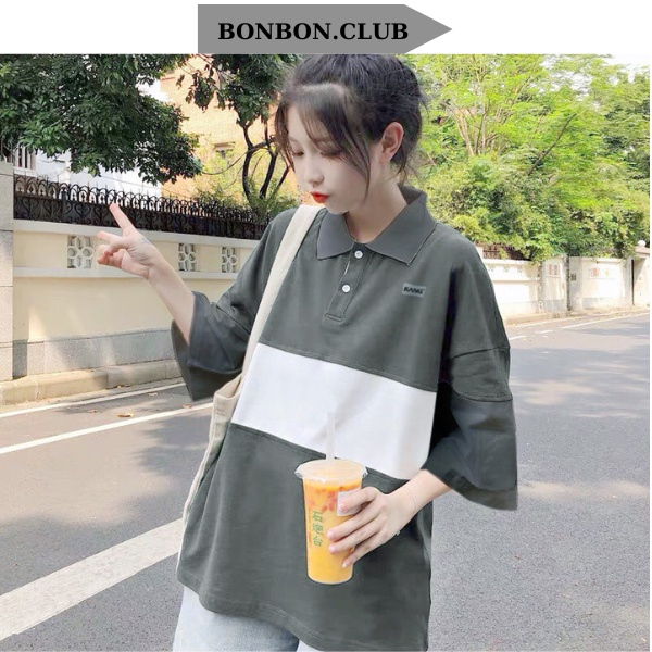 Áo Polo Thun Form Rộng Unisex Locadrand Nam Nữ Oversize Chất Vải Cá Sấu Cao Cấp 2 Màu Xám Sọc Trắng BONBON.CLUB