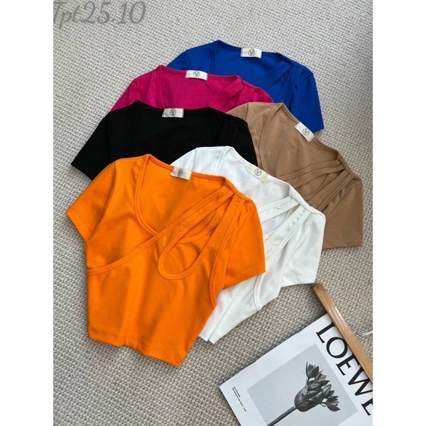 Áo Thun Trơn Croptop Tay Ngắn Cổ U Khoét Giọt Nước