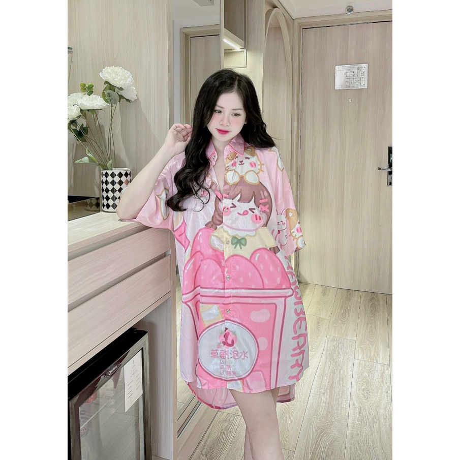 Đầm ngủ sơmi in hình hoạt hình so cute chất lụa xước - Váy ngủ nữ Freesize