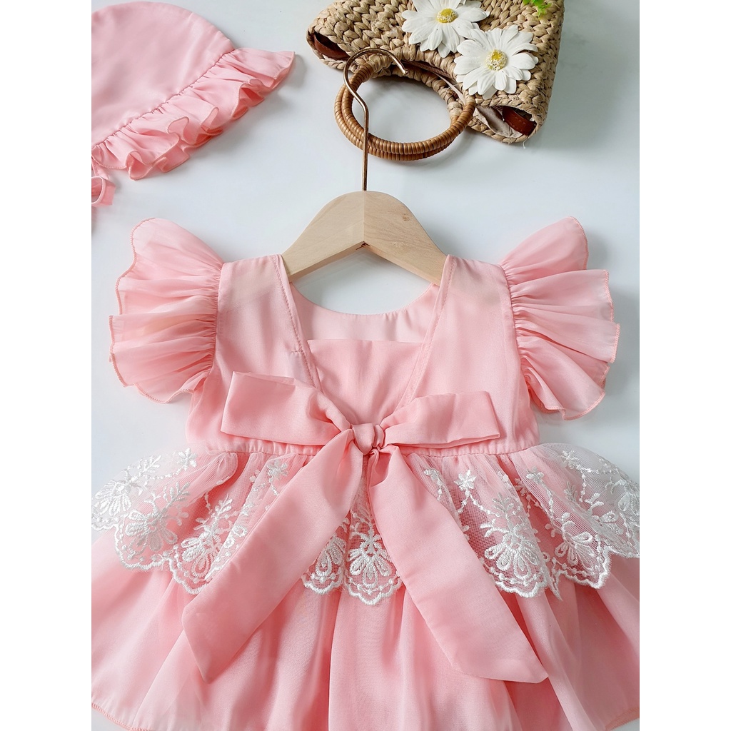 Body Váy Hồng Nơ Lưng Tặng Kèm Mũ Xinh Cho Bé Từ 3kg Đến 13kg