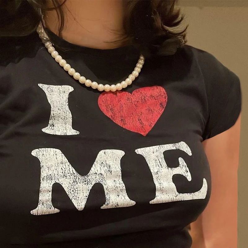 Áo Thun Ngắn Tay In Chữ I LOVE ME Harajuku Cá Tính