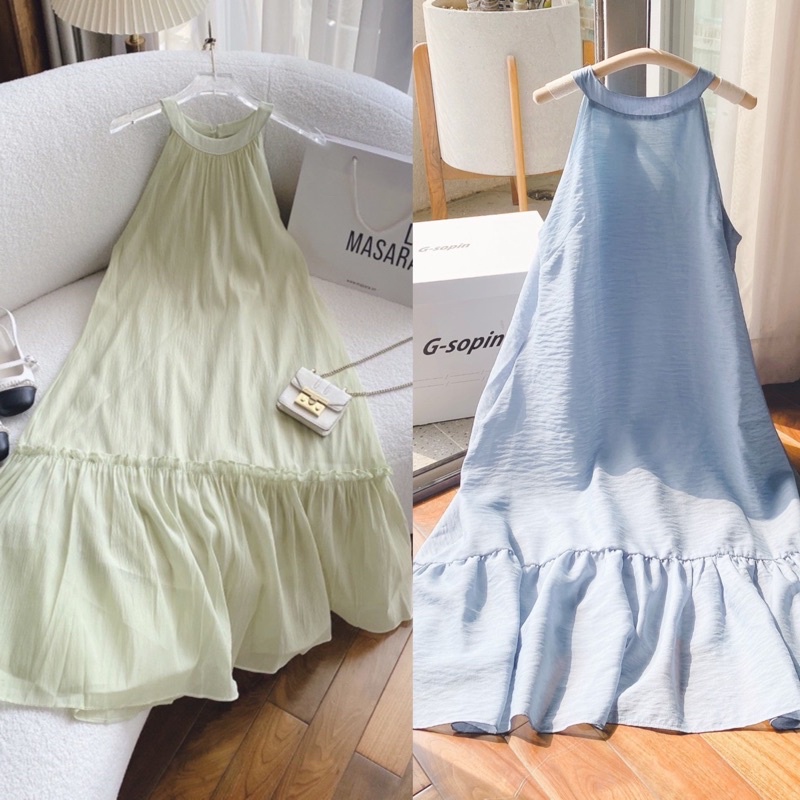 VÁY MAXI XANH CỔ YẾM