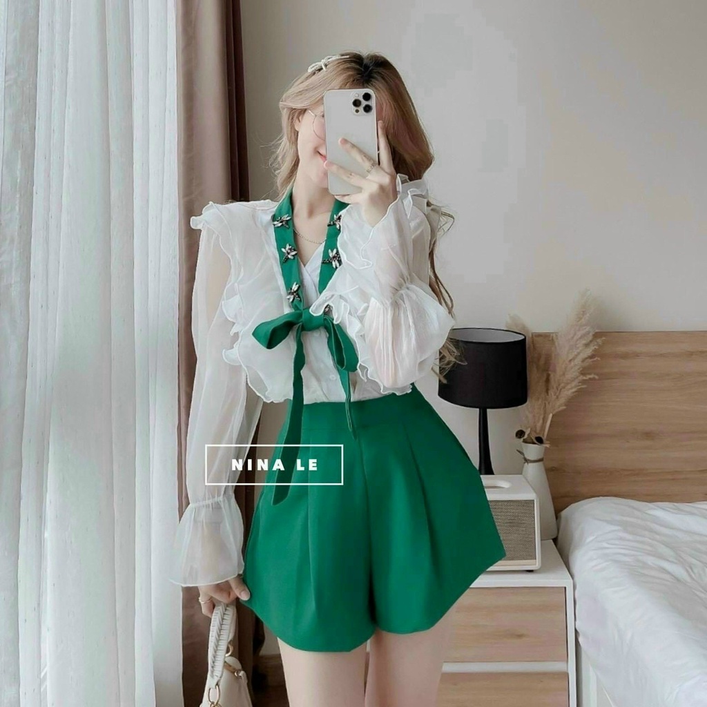 SÉT ÁO TAY DÀI BÈO VAI KÈM QUẦN &amp; DÂY NƠ CÓ ĐÍNH ONG HOẠ TIẾT CỔ hottrend sành điệu