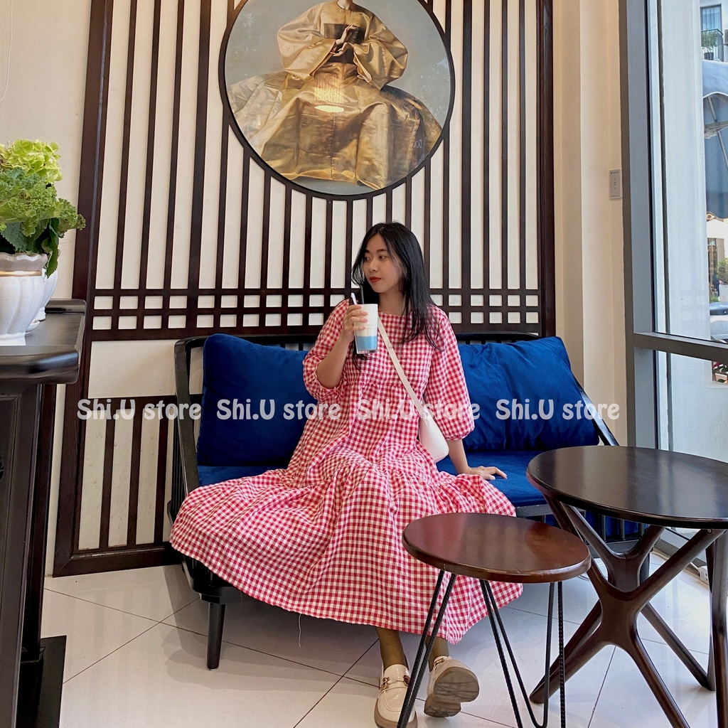 Váy babydoll tay bồng kẻ sọc caro xếp ly dáng dài cúc lưng dây buộc eo vintage phong cách Hàn Quốc