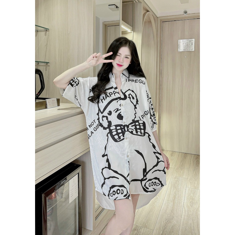 Đầm ngủ sơmi in hình hoạt hình so cute chất lụa xước - Váy ngủ nữ Freesize