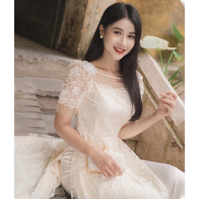 Áo dài cách tân nữ thiết kế ren nơ cài xinh xắn