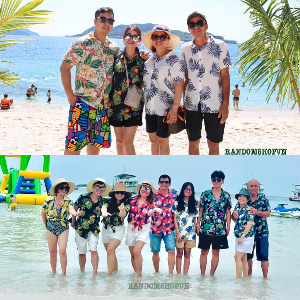 Áo Sơ Mi Đi Biển Vải Đũi Mềm Mát phong cách hawaii họa tiết hoa lá chim cò mặc nhóm đồng phục đi biển áo lớp sơ mi