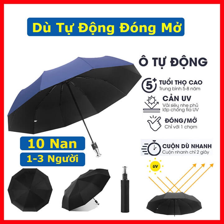 Ô dù tự động 2 chiều che mưa che nắng chống tia UV, ô che mưa dù che nắng 10 nan đóng mở tự động