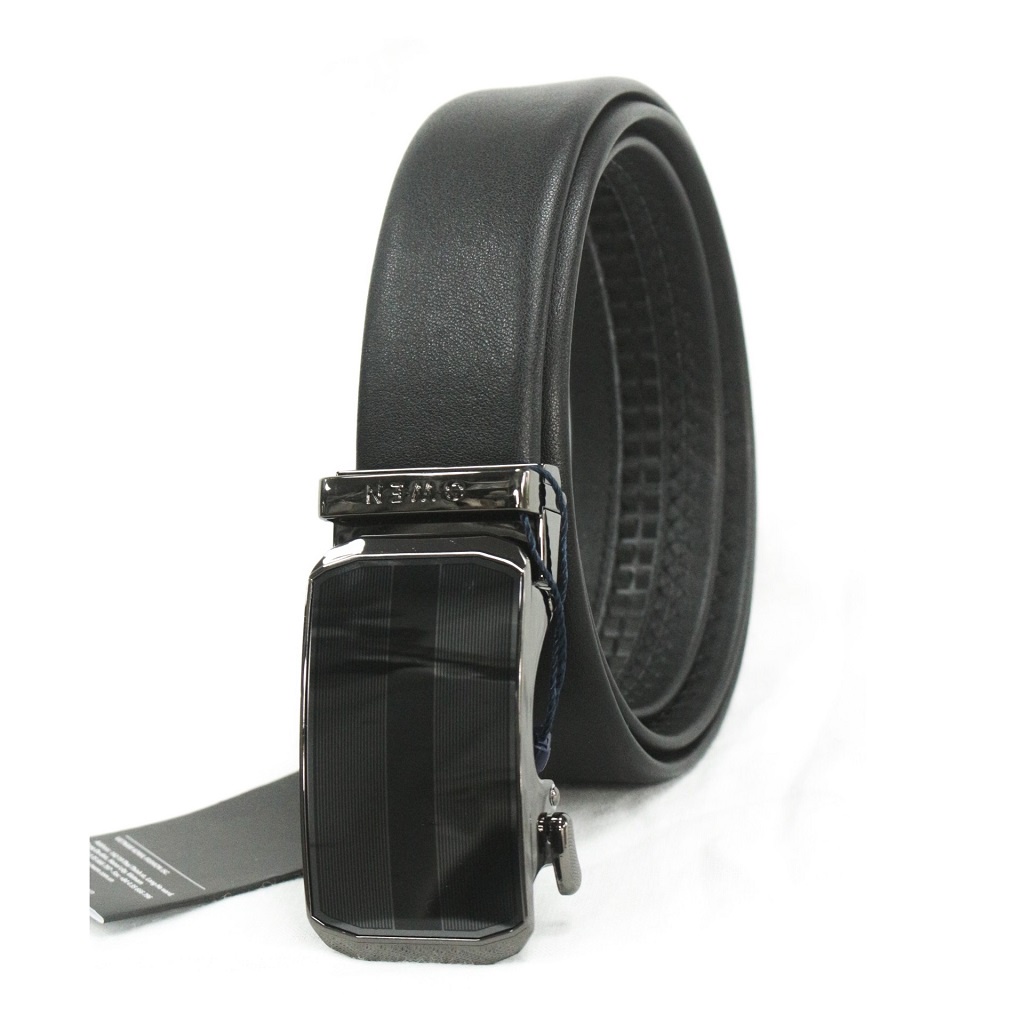 Thắt lưng nam da bò thật OWEN BELT220598 dây màu đen cao cấp mặt đen đúc nguyên khối hợp kim nguyên khối khóa trượt