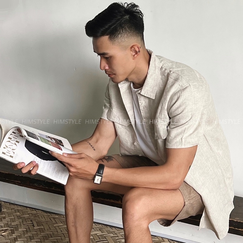 Áo Sơmi Tay Ngắn 2Túi Kem Tiêu Thoáng Mát