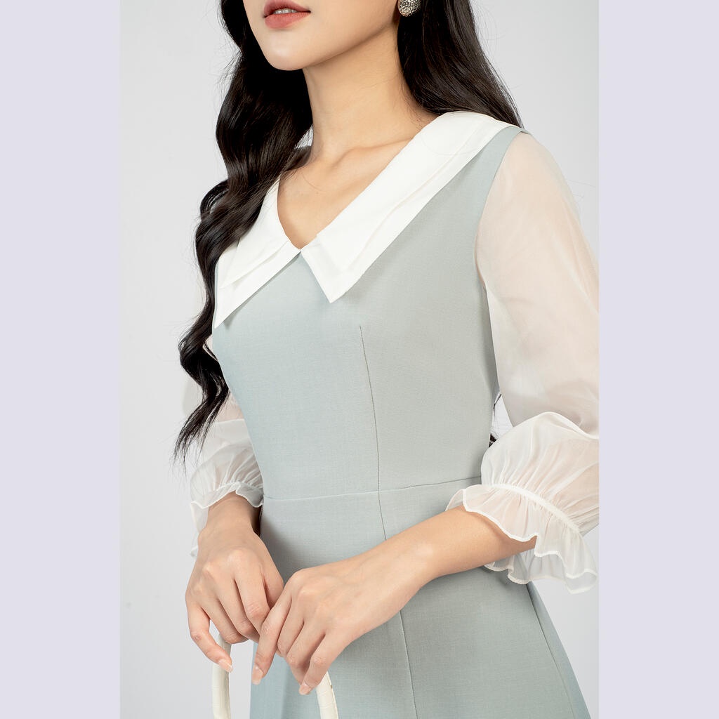 Đầm dáng A, hai lớp lá cổ, tay voan tơ MMOutfit DA0422448