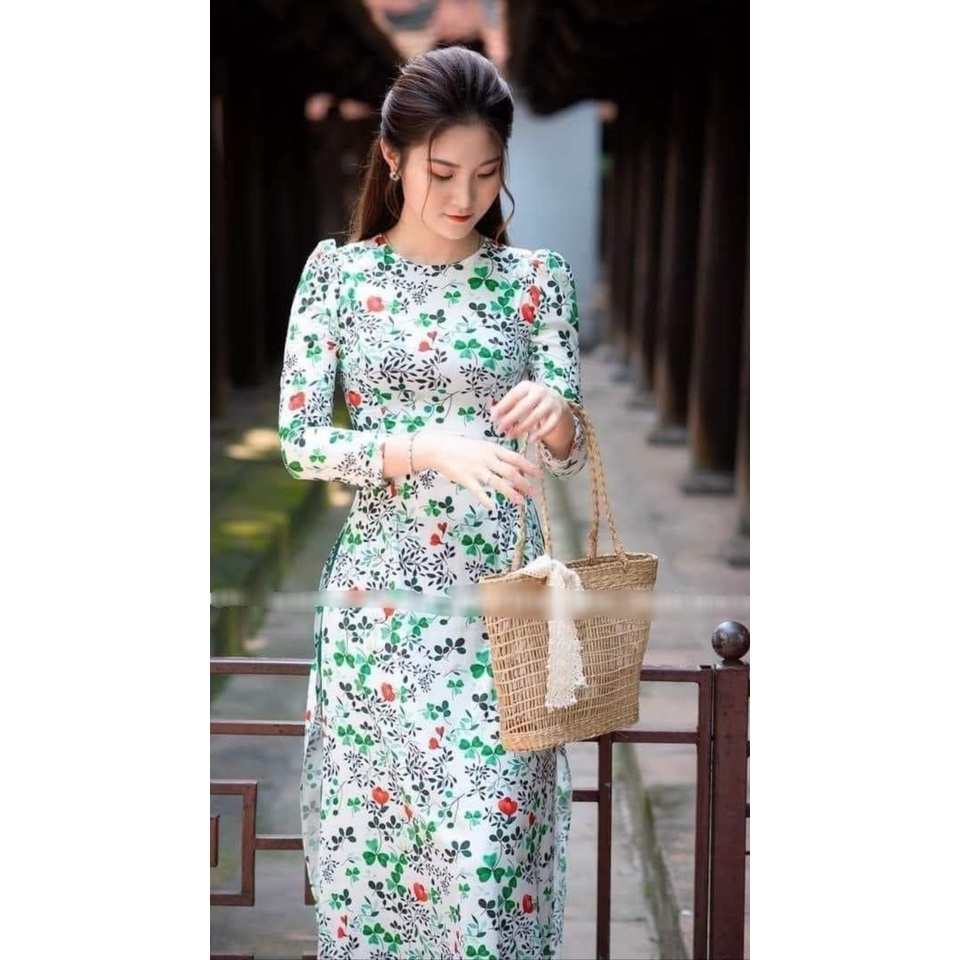 Áo dài nữ lụa Nhật truyền thống MINH KHANG in 6D may sẵn in hình hoa lá quần màu xanh đậm nổi bật