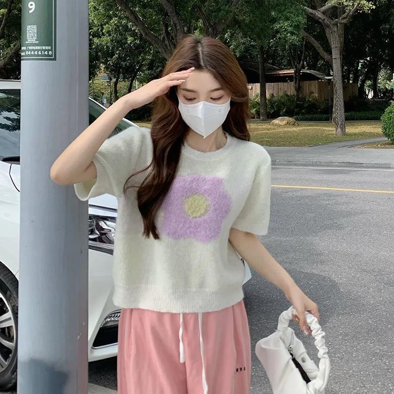 Áo sweater ngắn tay cổ tròn thêu hoa phong cách Hàn Quốc | BigBuy360 - bigbuy360.vn