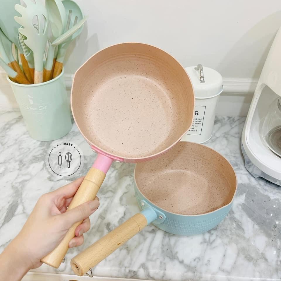 Chảo chống dính bếp từ sâu lòng vân đá 18cm, Nồi quánh nấu bột cho bé đáy từ cao cấp cán gỗ đủ màu