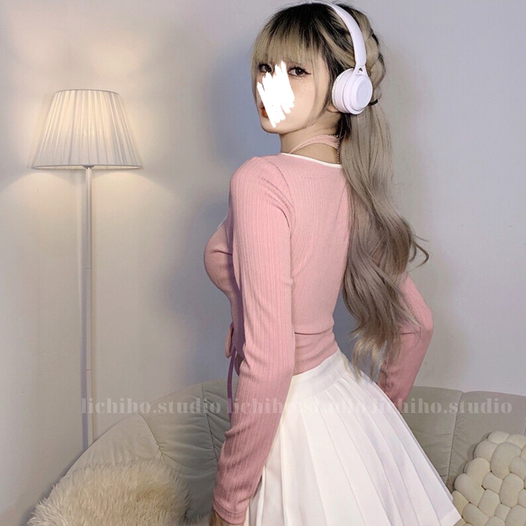 Ao croptop tay dài thiết kế dây rút eo tôn dáng Y05 áo kiểu cổ yếm nữ form body sexy gợi cảm vải thun gân dày mịn Lch