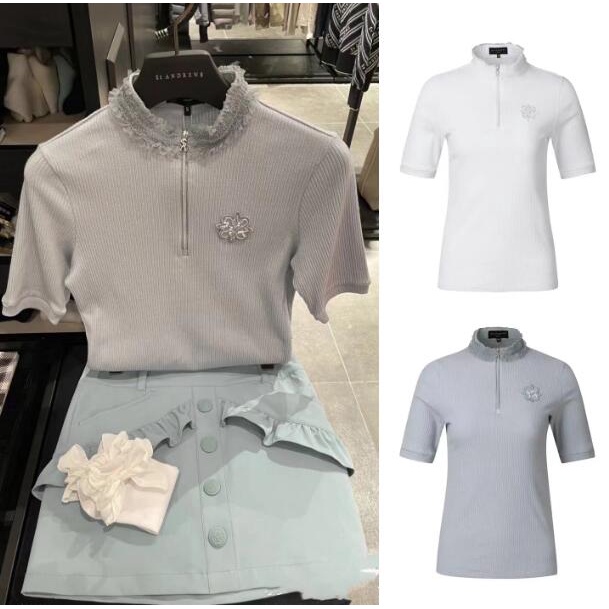 Áo Thun Đánh golf Tay Ngắn Cổ Đứng Ôm Dáng Thoáng Khí Phối Khóa Kéo Thời Trang Hàn Quốc 2023 Cho Nữ