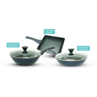 [DÙNG ĐƯỢC MỌI LOẠI BẾP] Bộ 3 Chảo Đế Từ Ecoramic ( Chảo Cạn 28cm, Chảo Sâu 28cm Kèm Nắp Kính, Chảo Vuông 20x23cm )
