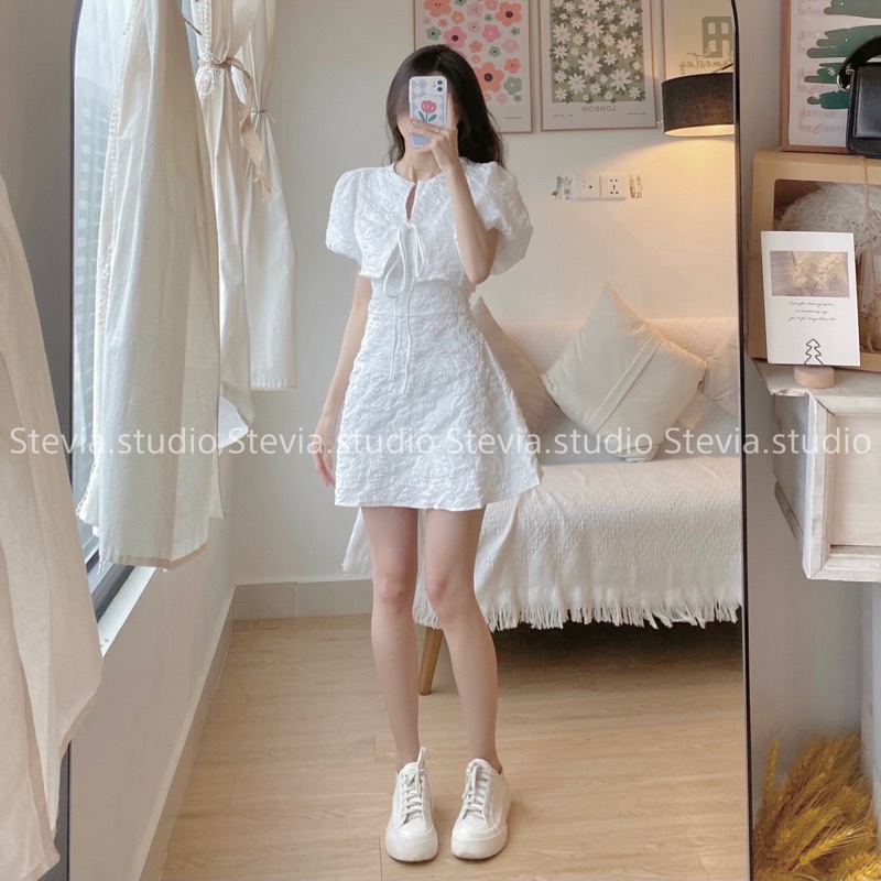 Stevia.studio - Set váy gấm trắng 2 món - 3 size Xs, S, M
