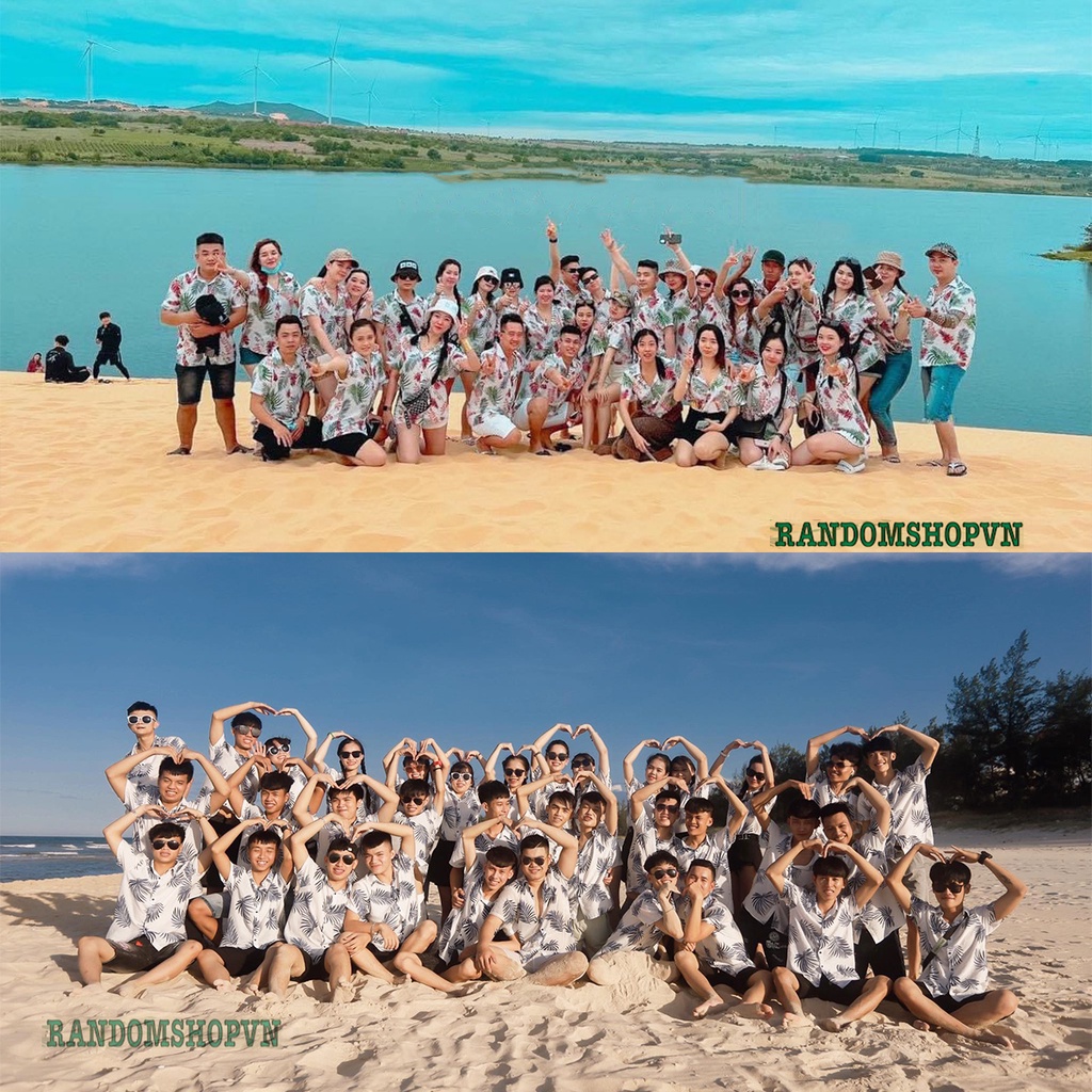 Áo Sơ Mi Đi Biển Vải Đũi Mềm Mát phong cách hawaii họa tiết hoa lá chim cò mặc nhóm đồng phục đi biển áo lớp sơ mi