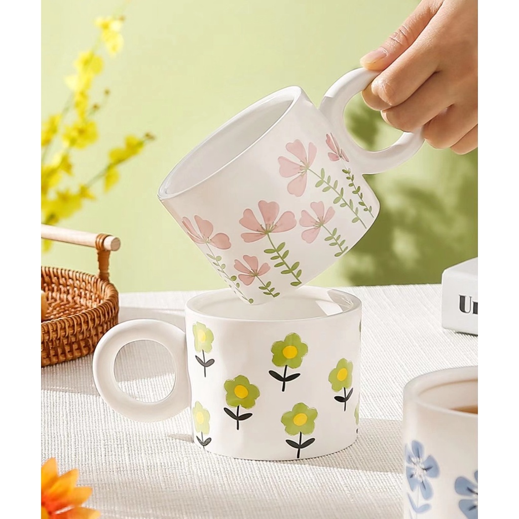 Cốc gốm sứ uống trà, cà phê dung tích lớn 400ml họa tiết hoa, quai cầm lớn cách nhiệt - mã C04