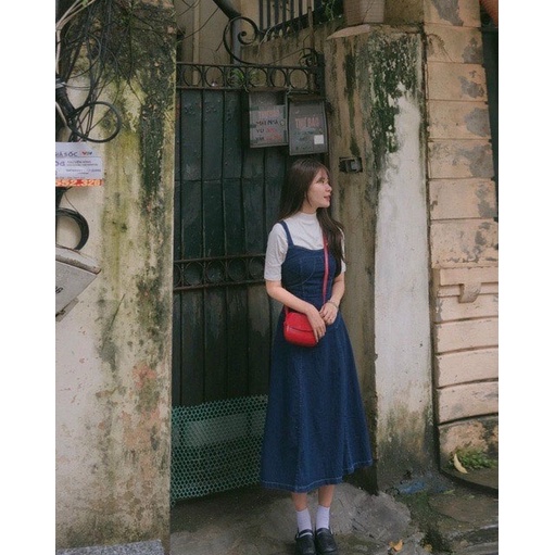 Set váy đầm nữ bò dáng dài phối áo thun cổ tròn tay bồng freesize chun lưng tiểu thư hàn quốc Ylydress C1389