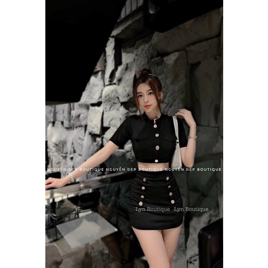 (CÓ SẴN) Set sơ mi thô kèm quần váy hai màu đen/trắng