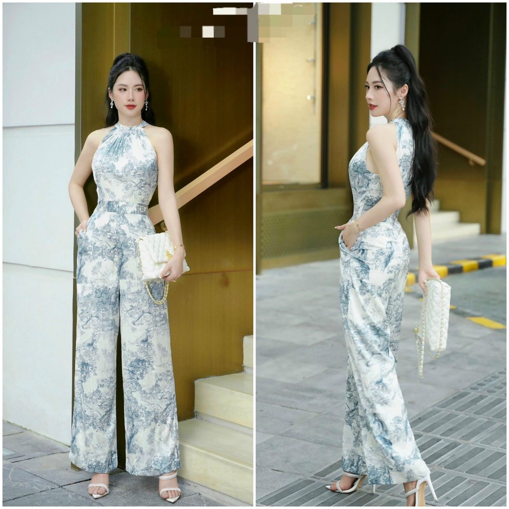 Jumpsuit dài cổ yếm hoạ tiết cao cấp