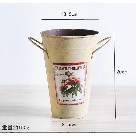 Xô thiếc in hình hoa XOS6 trang trí tiểu cảnh chậu sắt cắm hoa bút để dụng cụ decor 20cm và 24,5cm