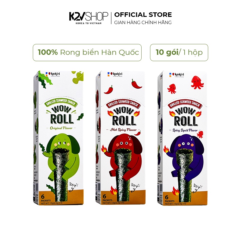 [Mã BMLT35 giảm đến 35K đơn 99K] Snack Rong Biển Ăn Liền Con Voi Wow Roll Vị Truyền Thống, Vị Cay, Vị Mực Cay 10 Gói/Hộp