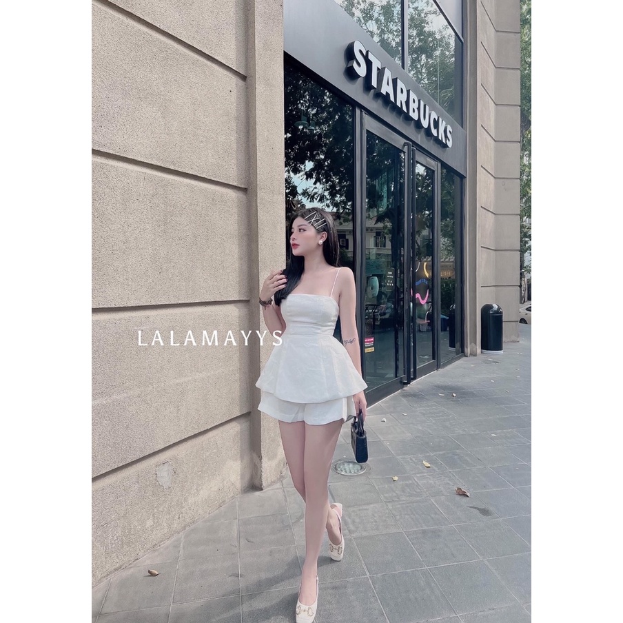 Set đồ Áo hai dây dáng xòe phối Quần sooc năng động, sang chảnh tiểu thư, kèm video hàng thật