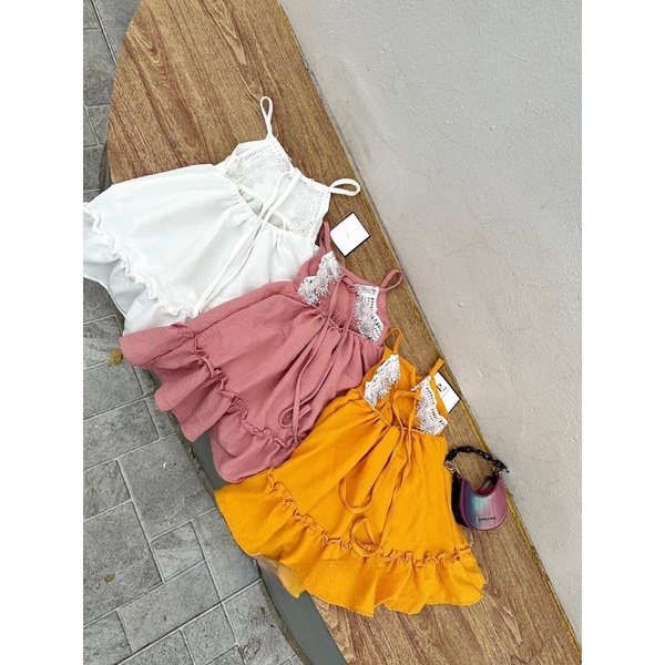 Maxi đi biển 2 dây phối ren cho bé gái.