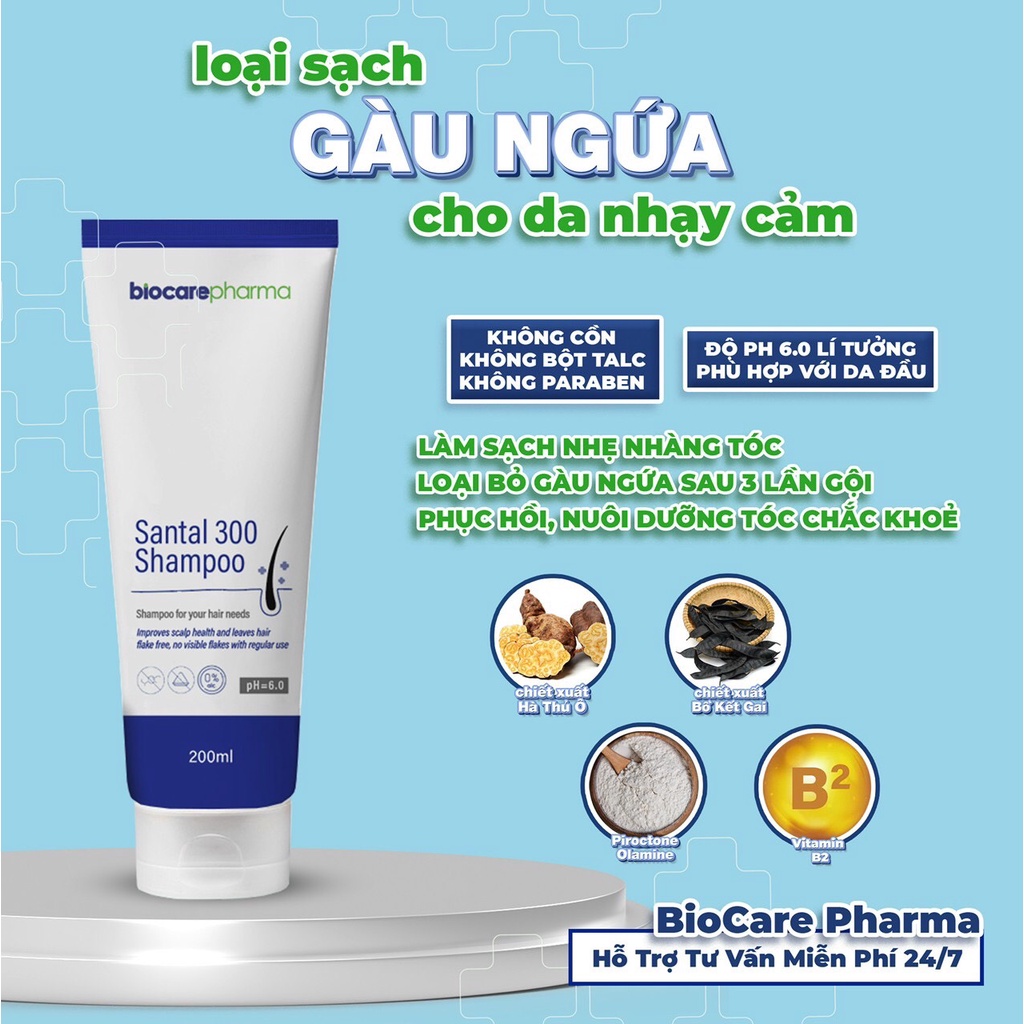 Dầu gội dược liệu BIO CARE PHARMA Santal 300 Shampoo 200ml - Giảm gàu, nấm ngứa da đầu