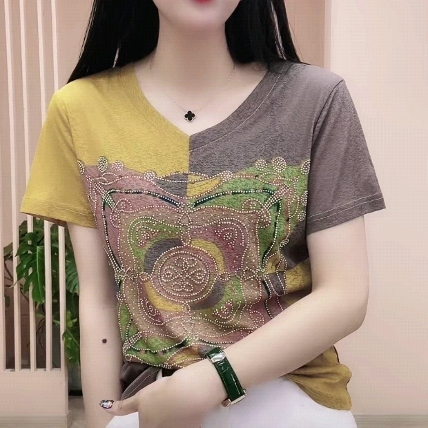 Áo Thun Tay Ngắn Cổ Chữ v Đính Đá Thời Trang Mùa Hè Kiểu Mới Cho Nữ [40% off]