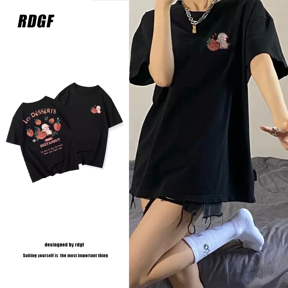 Rdgf Chính Thức Áo Thun Tay Lửng Dáng Rộng Hở Vai In Hình Dâu Tây Màu Đen Thời Trang Mùa Hè Dành Cho Nam Nữ