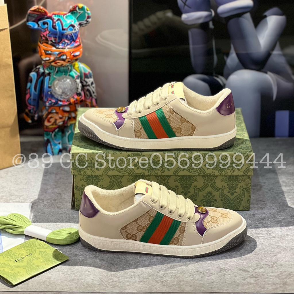 Giày Thể thao Gucci Sơn tùng Screener Leather cao cấp, Giày thể thao Gucci sơn tùng gót tím.