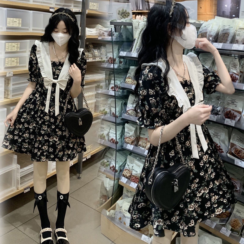 Đầm Ngắn Cổ Thủy Thủ Màu Đen Họa Tiết Hoa Xinh Xắn Thời Trang Mùa Hè Theo Phong Cách Pháp