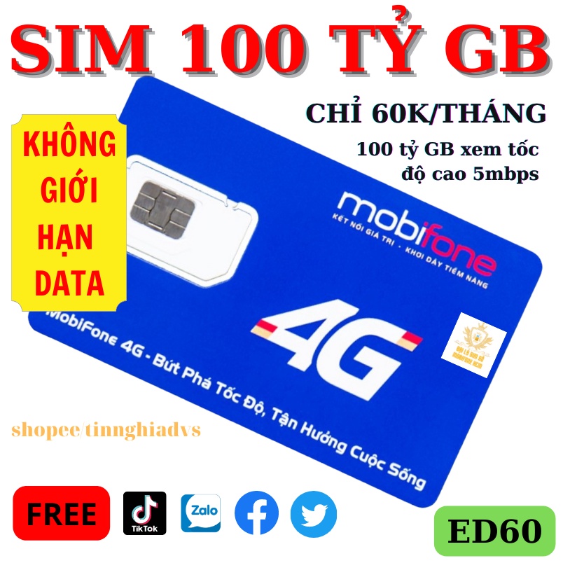 Sim KO GIỚI HẠN DUNG LƯỢNG Mobifone CV119 - Max90 - ED60 - AG60 - CF60 - C120 - OF70