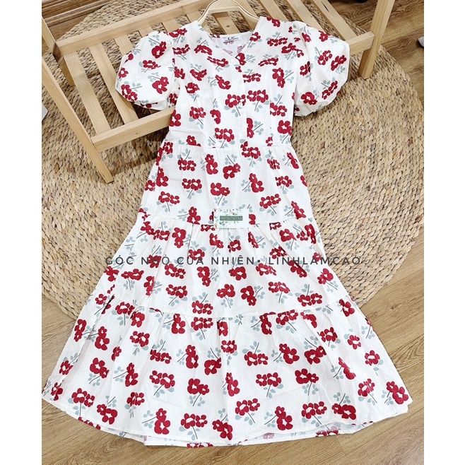 Váy Đầm Nữ Cổ Tim Tay Bồng Hoa Nhí Dáng Dài Babydoll Form Dễ Mặc