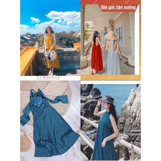 Đầm maxi cổ yếm hở lưng (CÓ ĐỆM NGỰC) hàng 2 lớp loại đẹp chất lụa hàn cao cấp 💕FREESHIP💕 DÂY NƠ TO BẢN trắng xanh đỏ