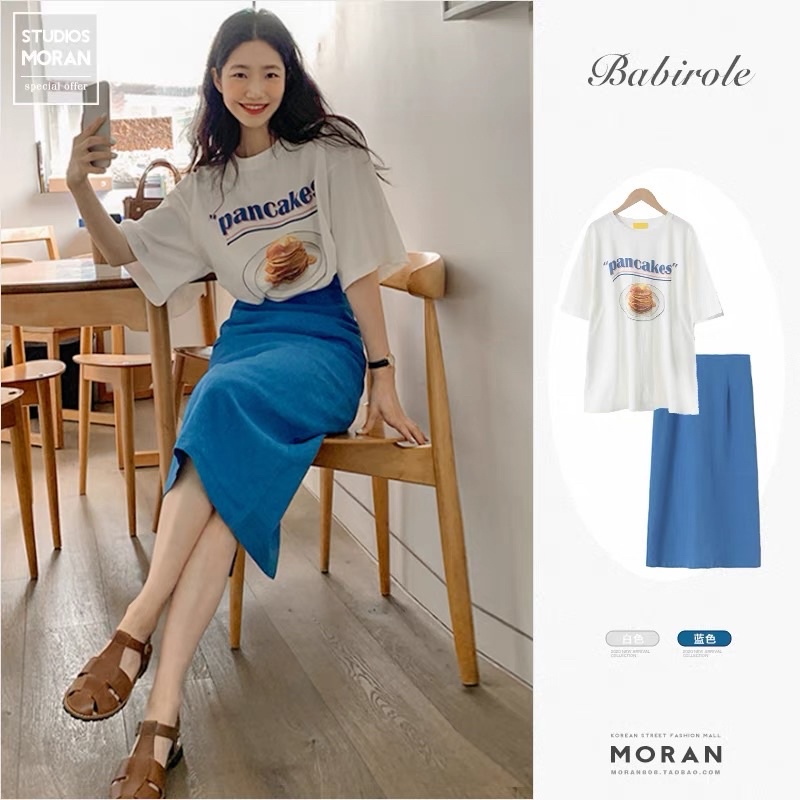 (ORDER)-Set áo thun chân váy Moran mới 2023 vintage Hàn Quốc màu xanh