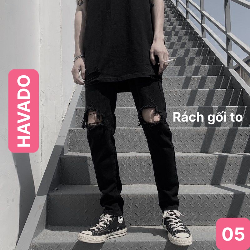 Quần jean nam rách gối màu đen trơn boy phố chất co dãn 4 chiều đẹp rin trơn form dáng skinny Havado50 mẫu mới