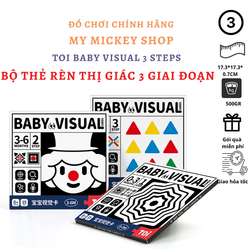 Thẻ rèn luyện thị giác cho bé sơ sinh từ 0 đến 12 tháng tuổi Baby Visual Flashcard TOI chia 3 giai đoạn