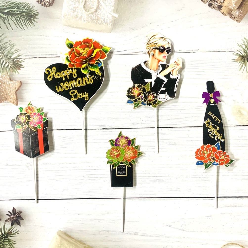 Phụ Kiện Bánh Sinh Nhật  topper cắm happy woman's day nhũ