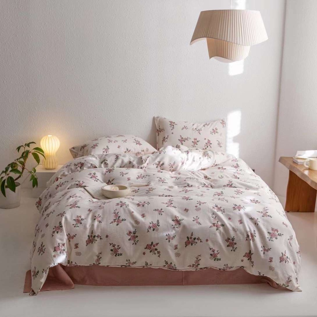 Chăn Ga Gối Cotton Living " HỒNG TRẮNG VINTAGE " - Bộ Chăn Ga Gối Cotton 100% Nhập Khẩu 4 món