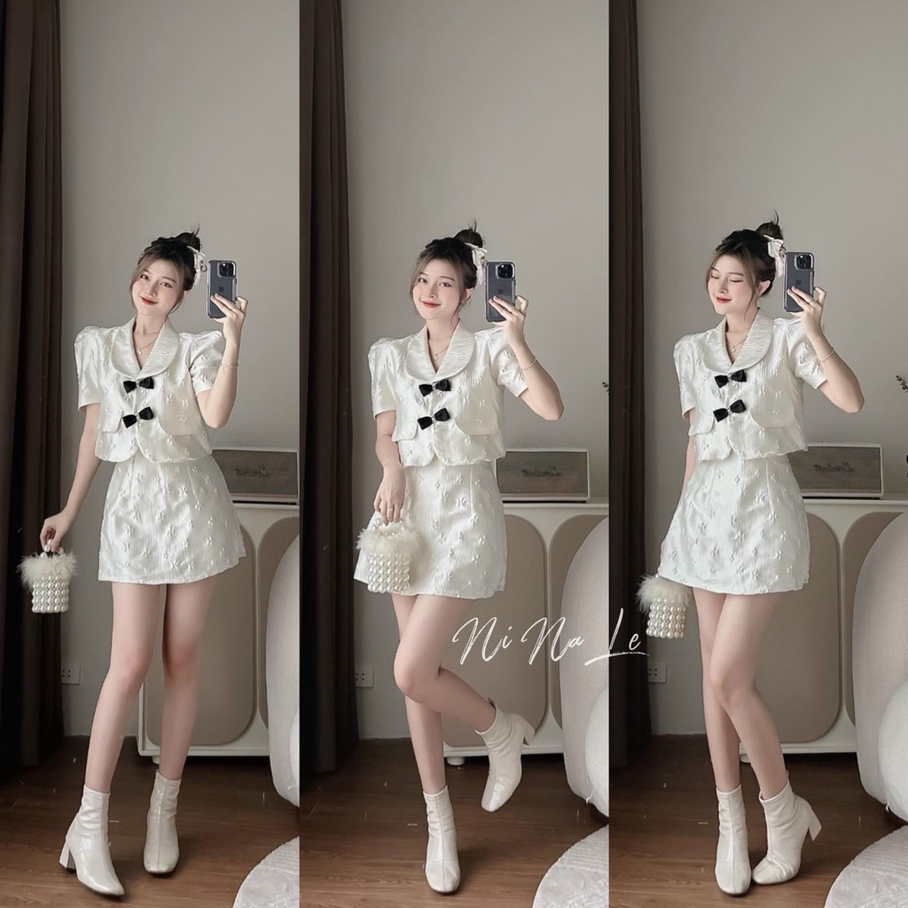 Set bộ áo tay phồng cổ lớn cài nút thật đính nơ ( váy có lót ) chất xốp phồng hoa cao cấp dễ thương