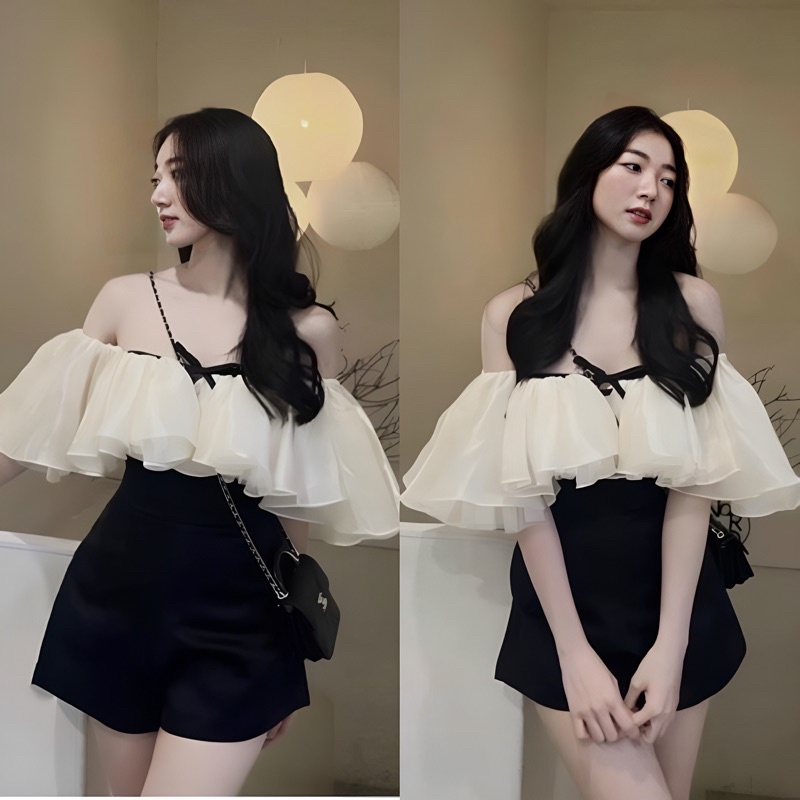 Jum Đùi Trễ Vai Dây Thắt Nơ Tơ Óng Tapta Lưng Thun