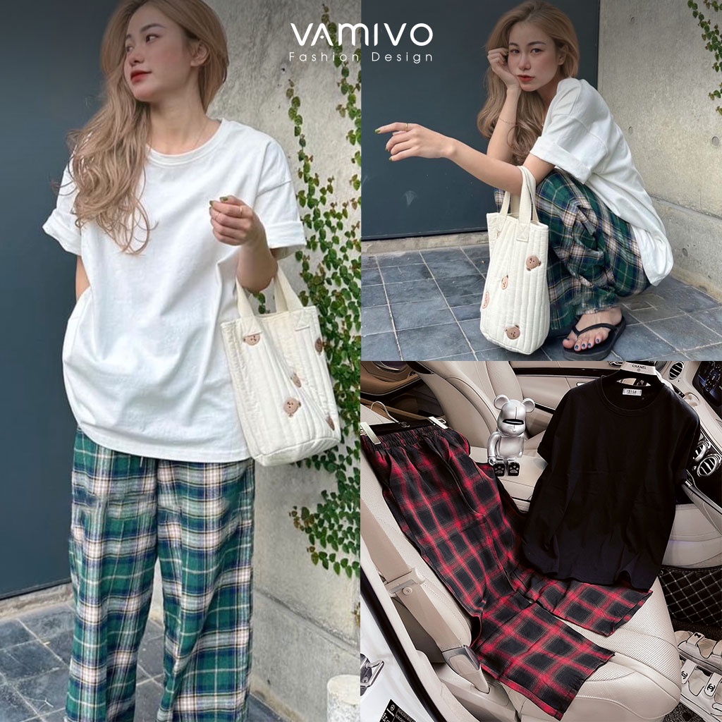 Quần caro ống rộng, quần xuông nữ thô kẻ Vamivo QCR02