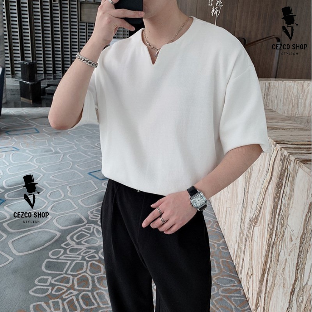 Áo Thun Tay Lỡ Cổ Chữ v Phong Cách Hàn Quốc, Áo Phông Cổ V Cộc Tay Nam Nữ CEZCO